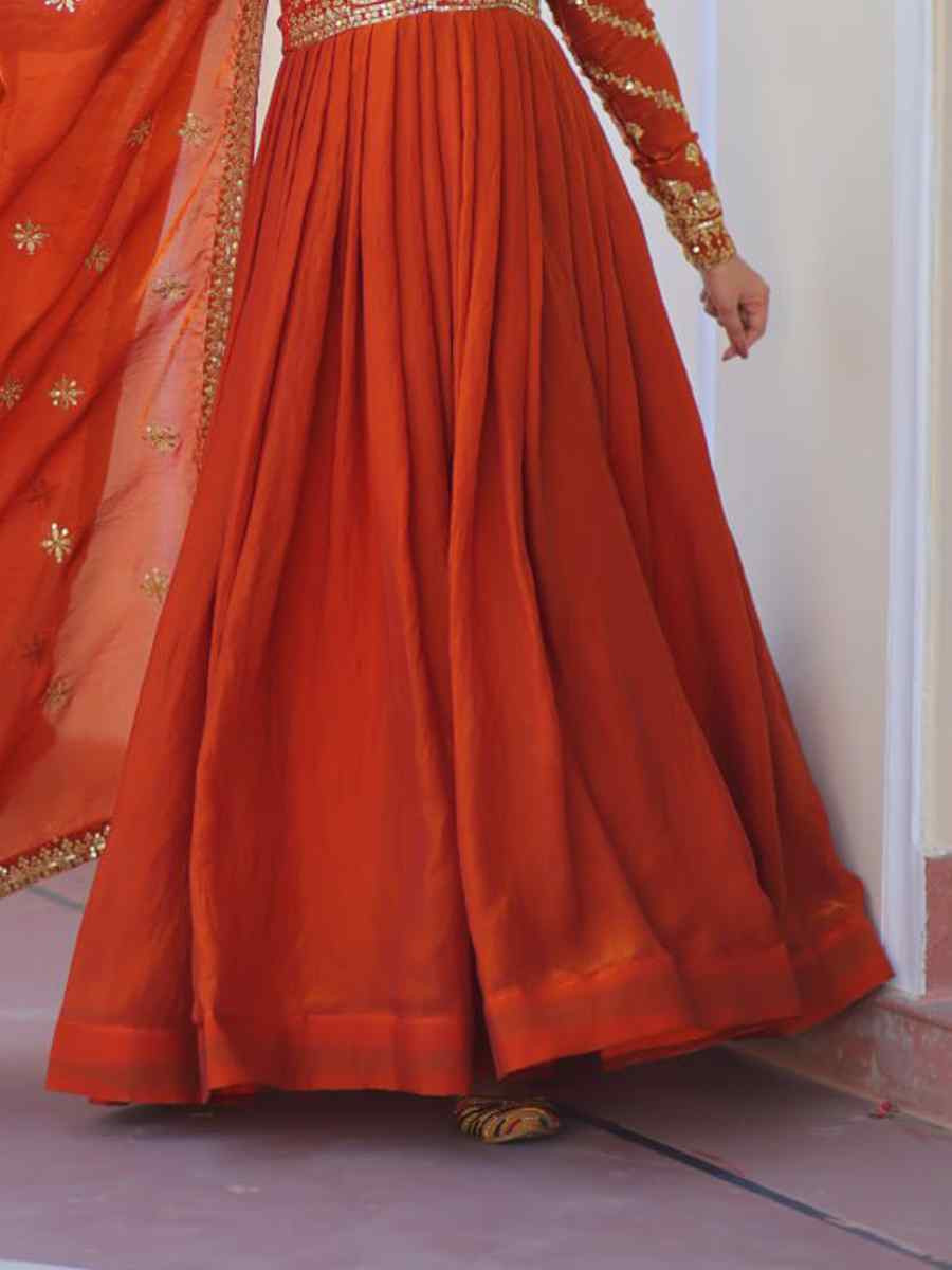 Orange Faux Blooming Georgette Embroidered Festival Casual Gown
