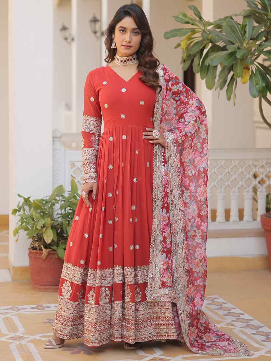 Orange Faux Georgette Embroidered Festival Party Gown