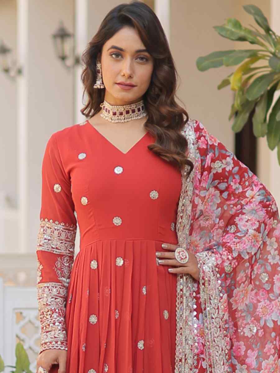 Orange Faux Georgette Embroidered Festival Party Gown