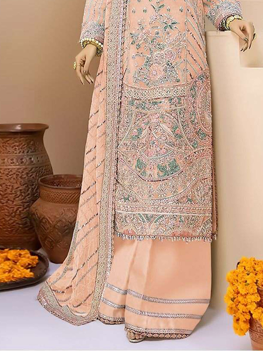 Orange Faux Georgette Embroidered Festival Wedding Palazzo Pant Salwar Kameez