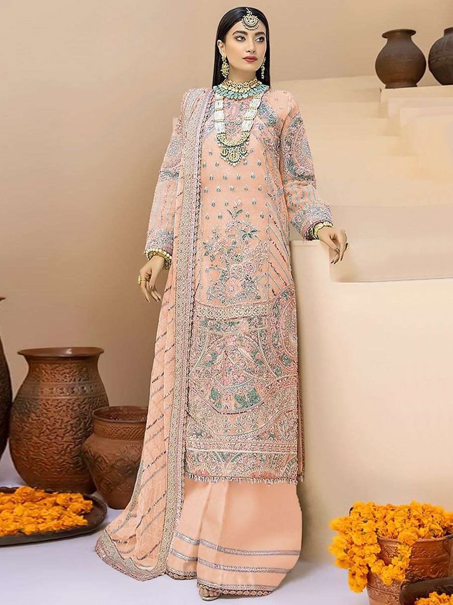 Orange Faux Georgette Embroidered Festival Wedding Palazzo Pant Salwar Kameez