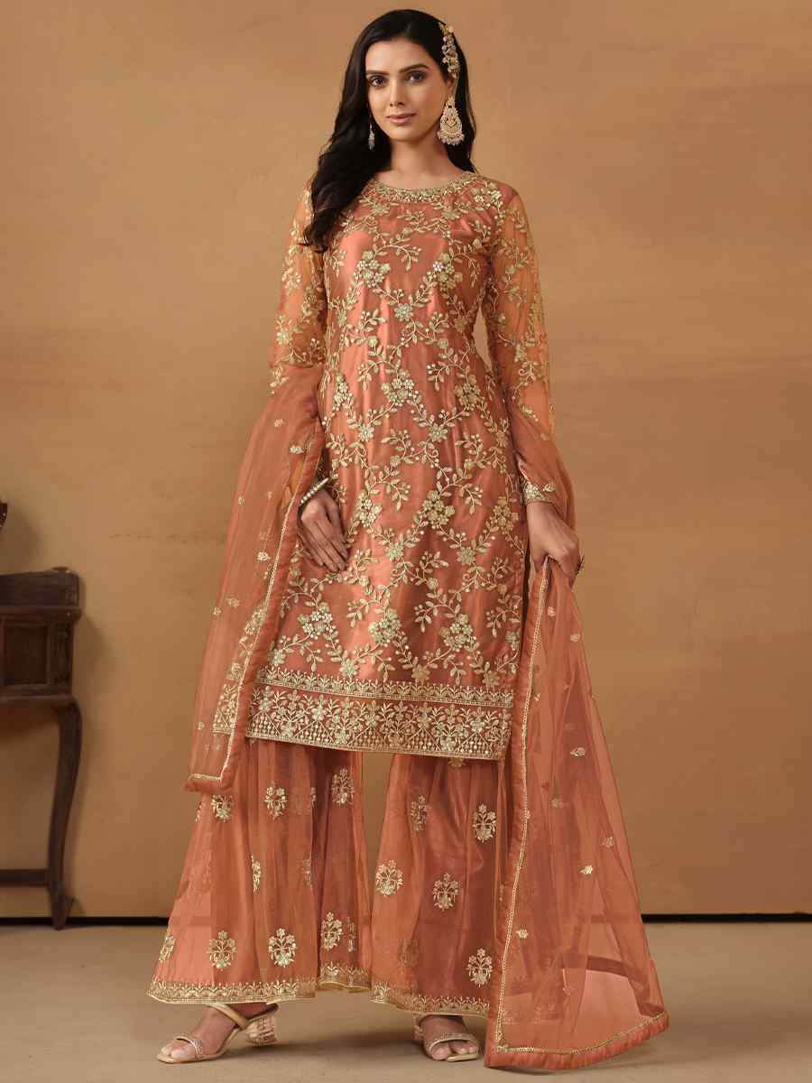 Orange Faux Georgette Embroidered Festival Wedding Sharara Pant Salwar Kameez