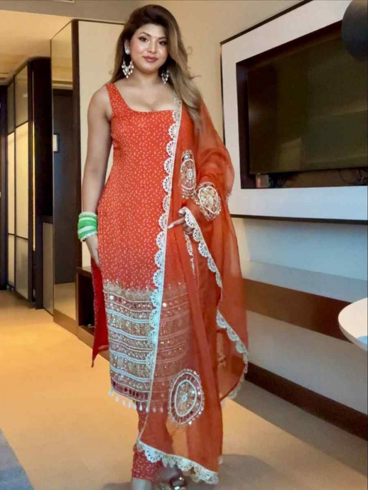 Image of Orange Faux Georgette Embroidery Party Wedding Festival Casual Ready Churidar Salwar Kameez