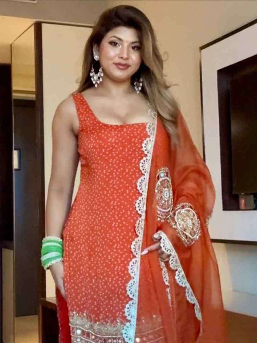 Orange Faux Georgette Embroidery Party Wedding Festival Casual Ready Churidar Salwar Kameez