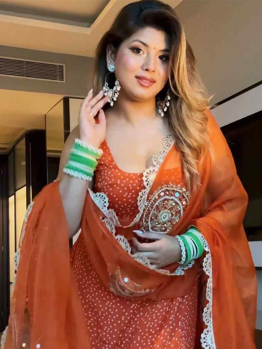 Orange Faux Georgette Embroidery Party Wedding Festival Casual Ready Churidar Salwar Kameez