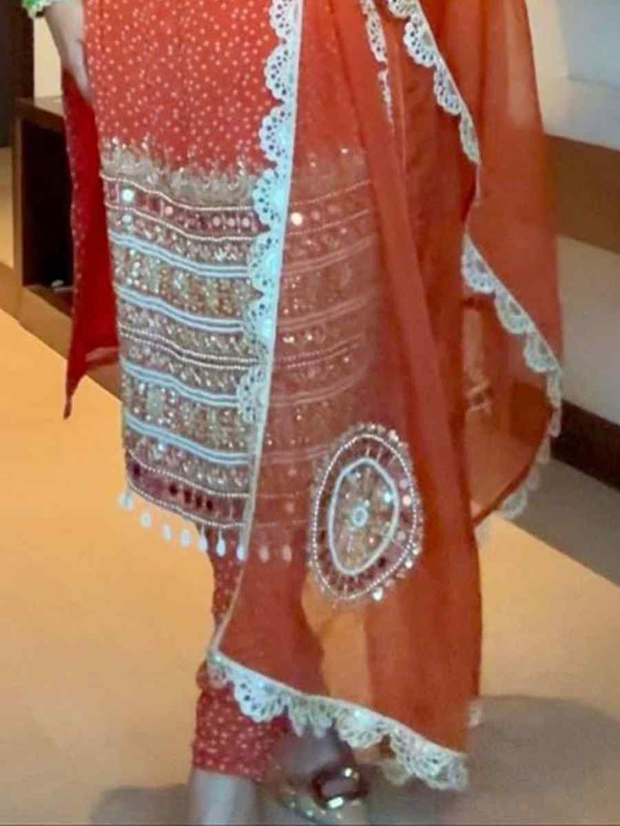 Orange Faux Georgette Embroidery Party Wedding Festival Casual Ready Churidar Salwar Kameez