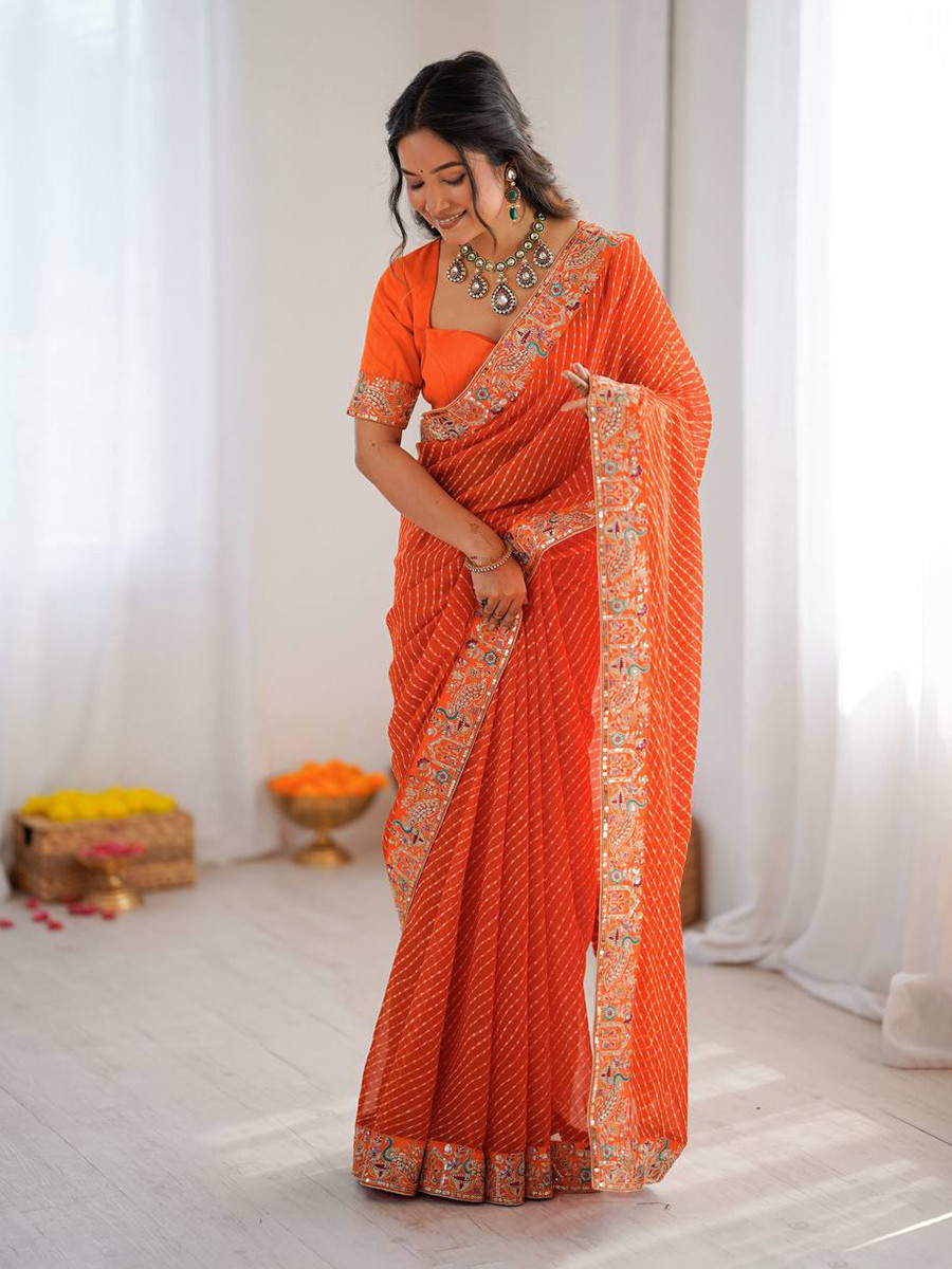 Orange Faux Georgette Embroidery Sequins Wedding Reception Party Festival Casual Heavy Border Sarees