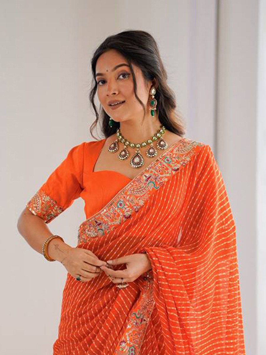 Orange Faux Georgette Embroidery Sequins Wedding Reception Party Festival Casual Heavy Border Sarees