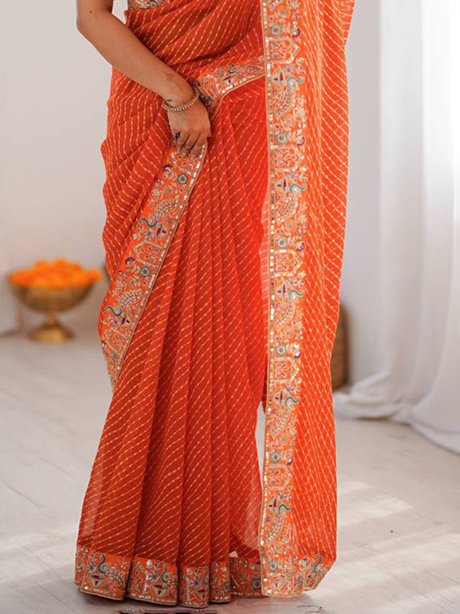 Orange Faux Georgette Embroidery Sequins Wedding Reception Party Festival Casual Heavy Border Sarees