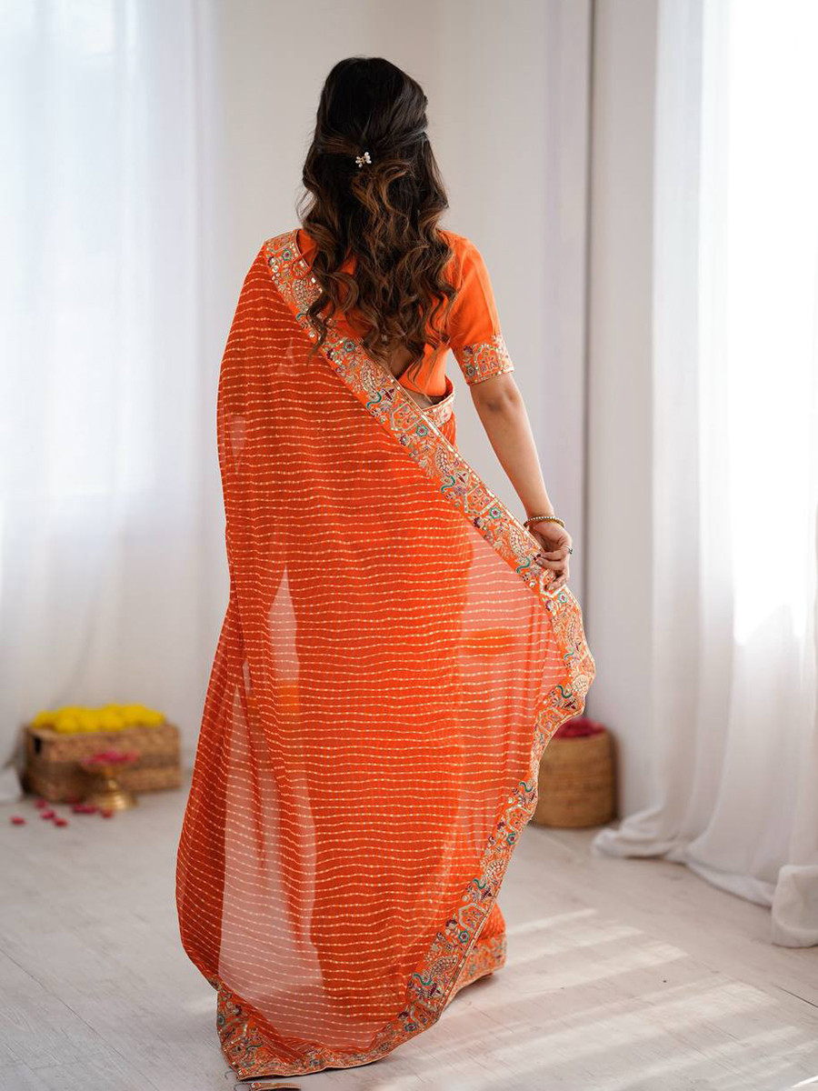 Orange Faux Georgette Embroidery Sequins Wedding Reception Party Festival Casual Heavy Border Sarees