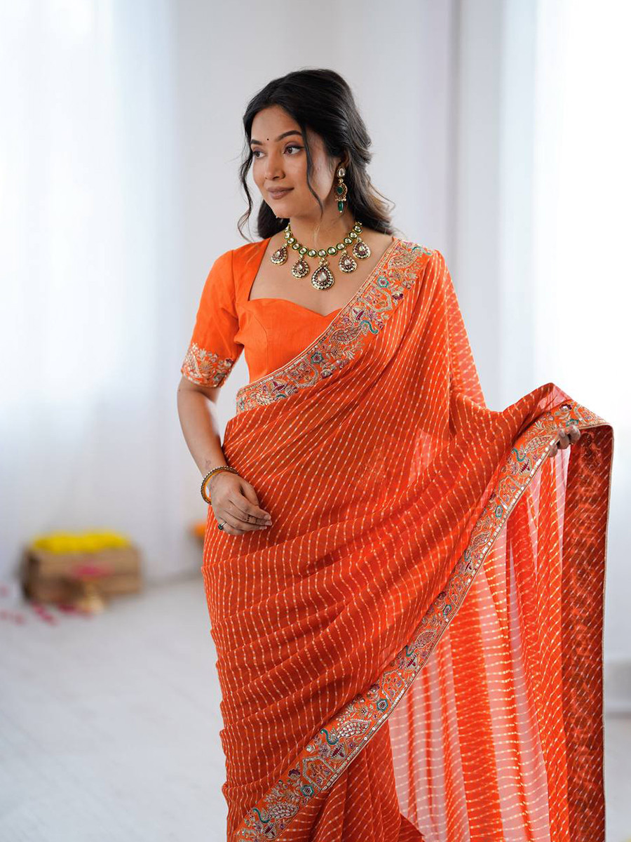 Orange Faux Georgette Embroidery Sequins Wedding Reception Party Festival Casual Heavy Border Sarees