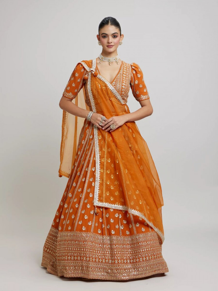 Image of Orange Faux Georgette Embroidery Sequins Zari Wedding Party Festival Heavy Border Lehenga Choli