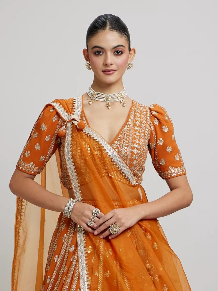Orange Faux Georgette Embroidery Sequins Zari Wedding Party Festival Heavy Border Lehenga Choli