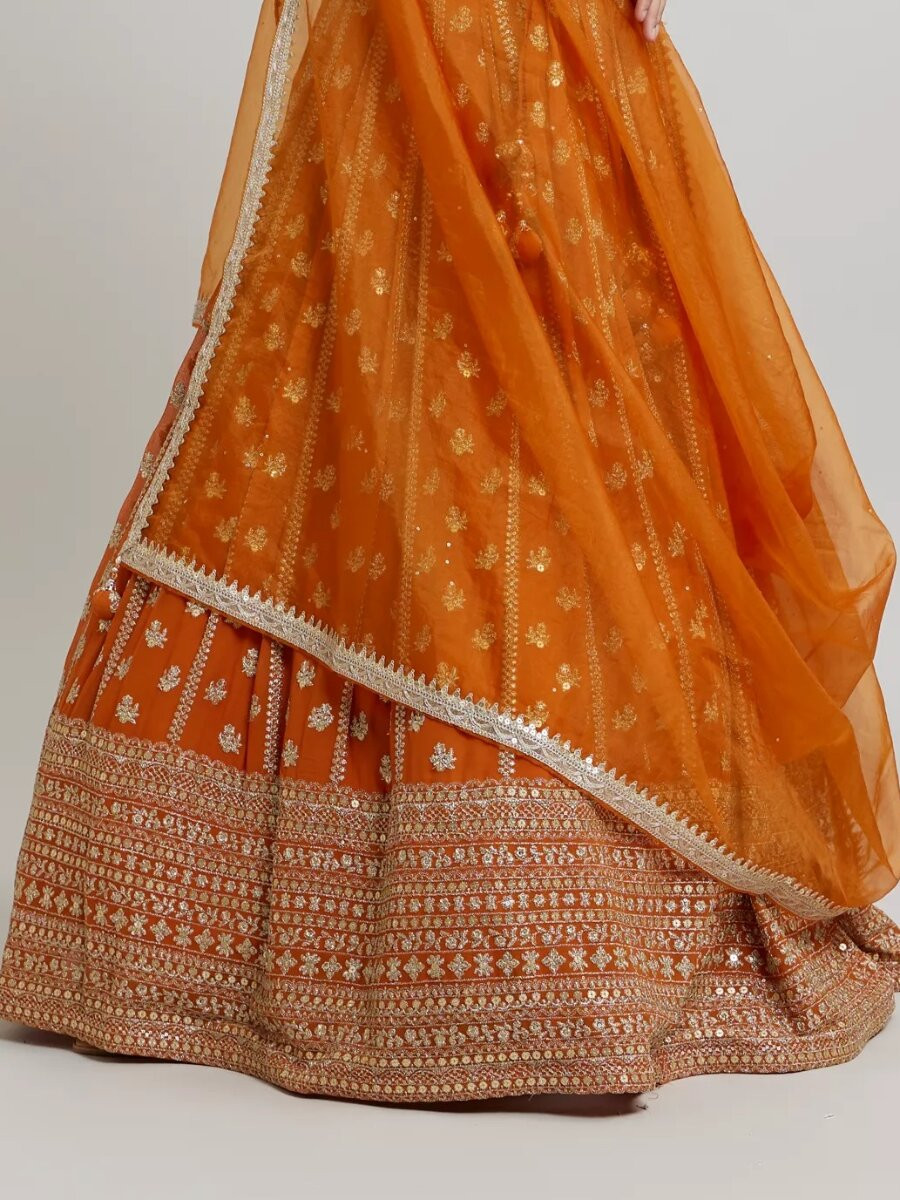Orange Faux Georgette Embroidery Sequins Zari Wedding Party Festival Heavy Border Lehenga Choli