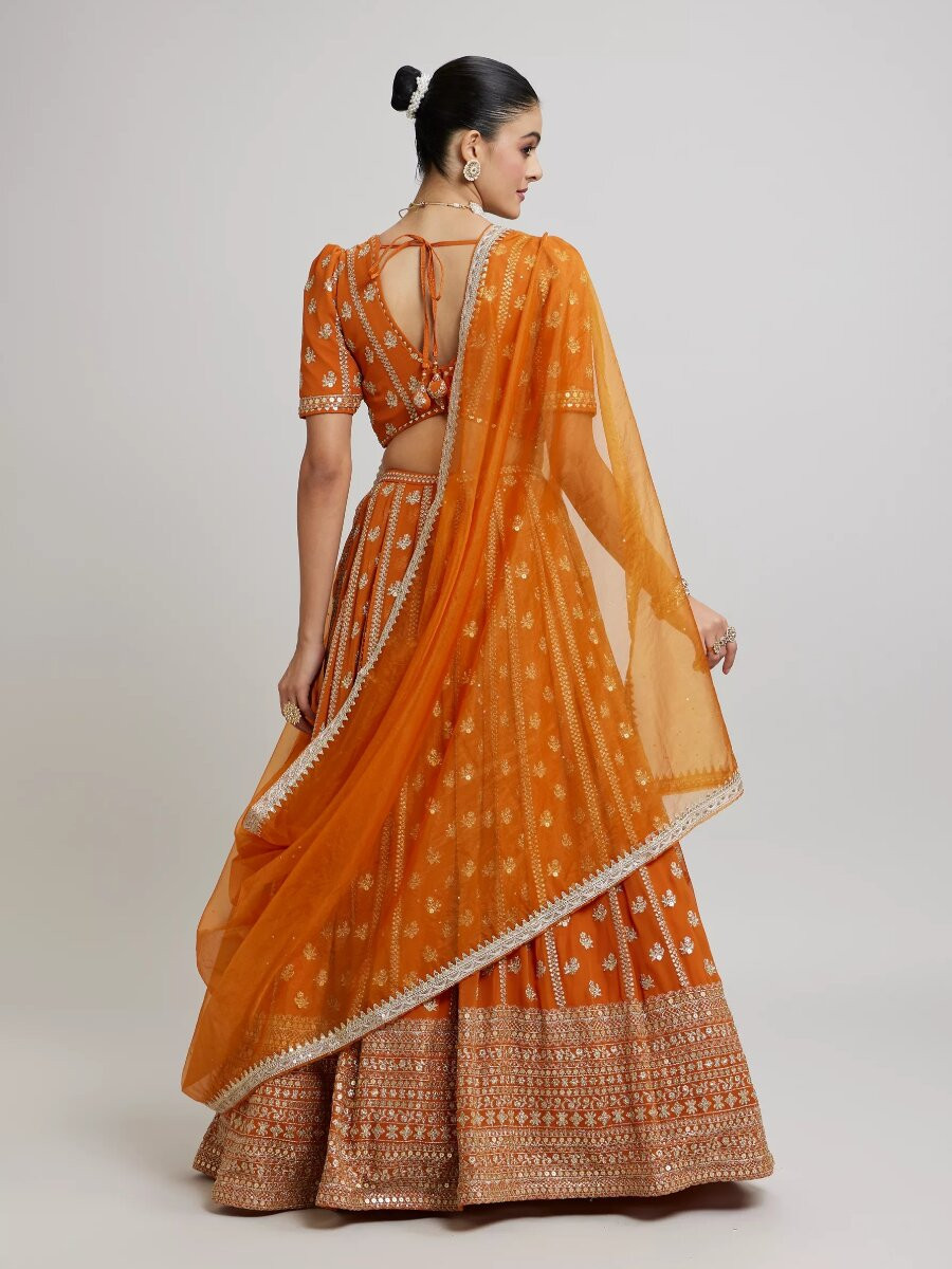 Orange Faux Georgette Embroidery Sequins Zari Wedding Party Festival Heavy Border Lehenga Choli