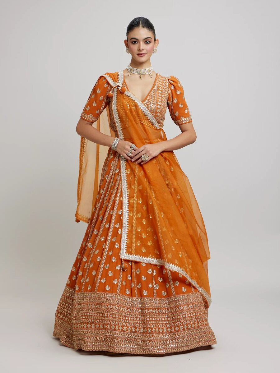 Orange Faux georgette Embroidery Sequins Zari Wedding Reception Party Festival Heavy Border Lehenga Choli