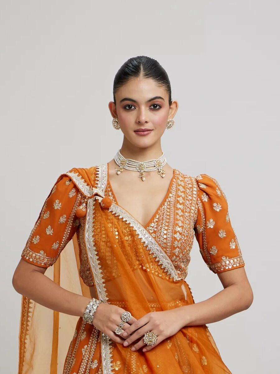 Orange Faux georgette Embroidery Sequins Zari Wedding Reception Party Festival Heavy Border Lehenga Choli