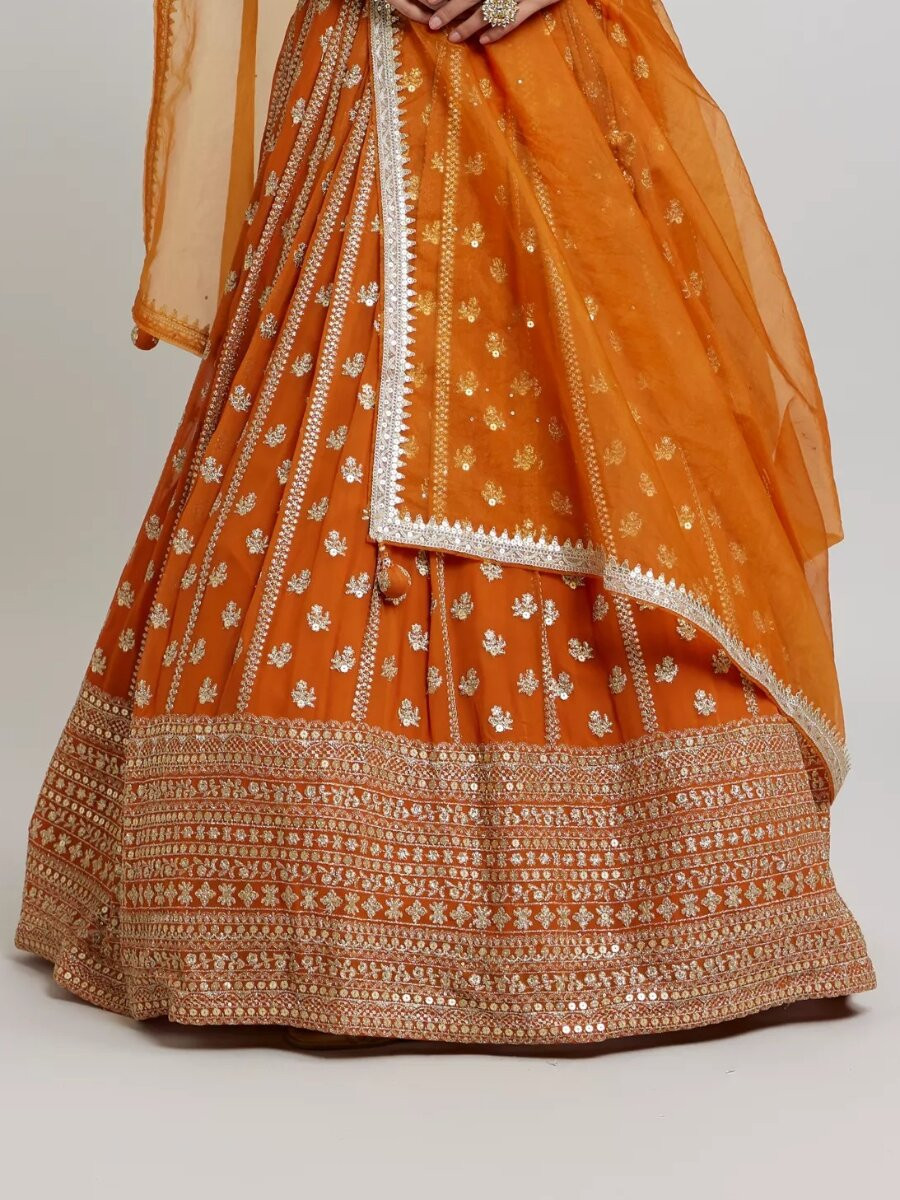 Orange Faux georgette Embroidery Sequins Zari Wedding Reception Party Festival Heavy Border Lehenga Choli