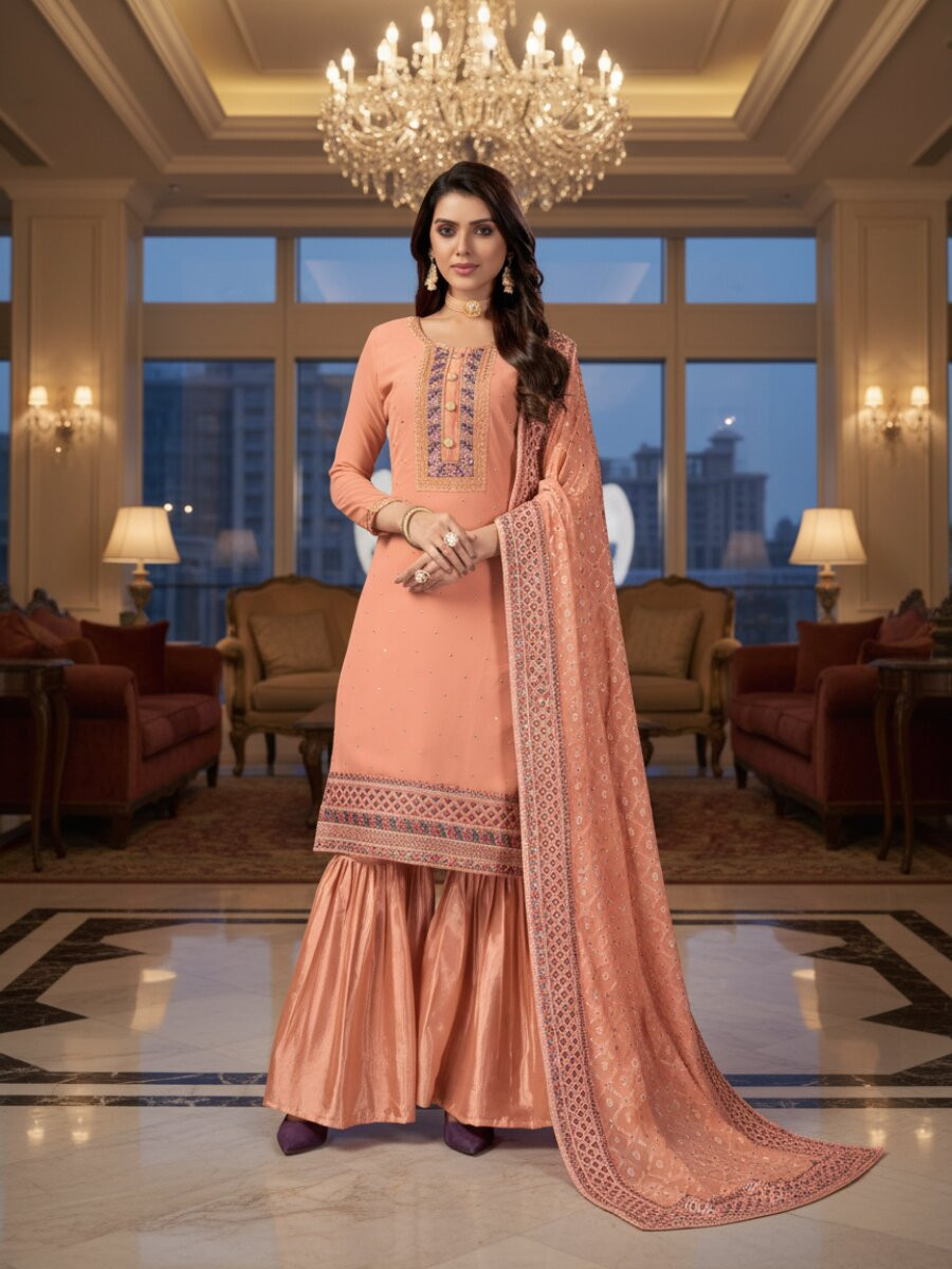 Orange Faux Georgette Embroidery Wedding Party Festival Casual Sharara Pant Salwar Kameez