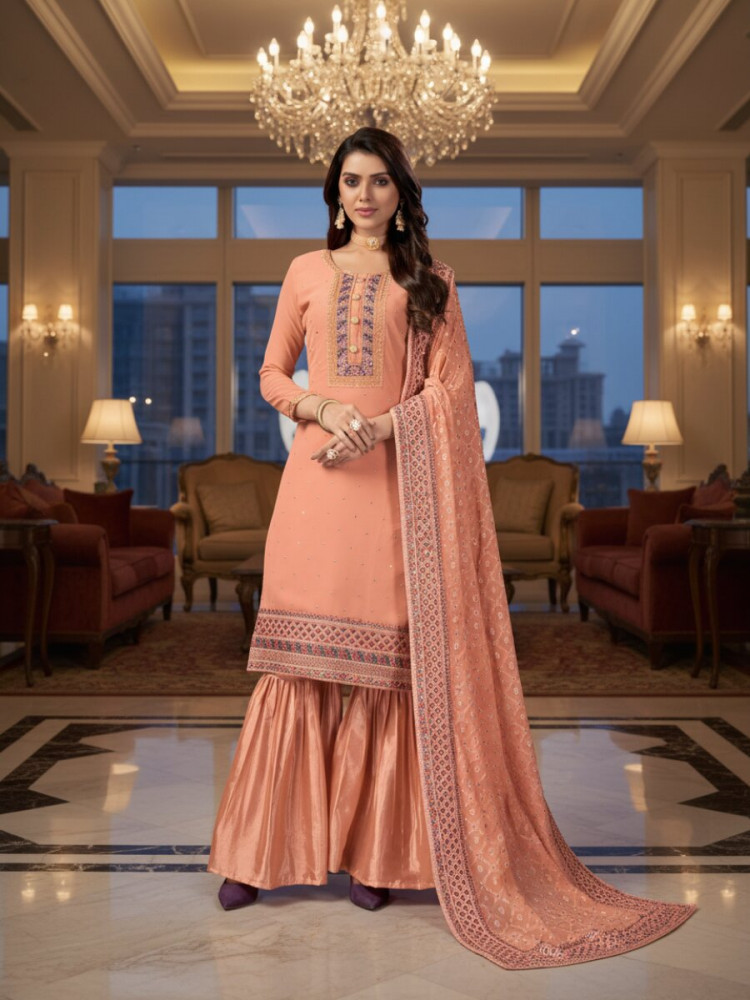 Image of Orange Faux Georgette Embroidery Wedding Party Festival Casual Sharara Pant Salwar Kameez