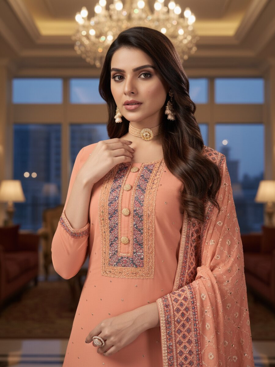 Orange Faux Georgette Embroidery Wedding Party Festival Casual Sharara Pant Salwar Kameez