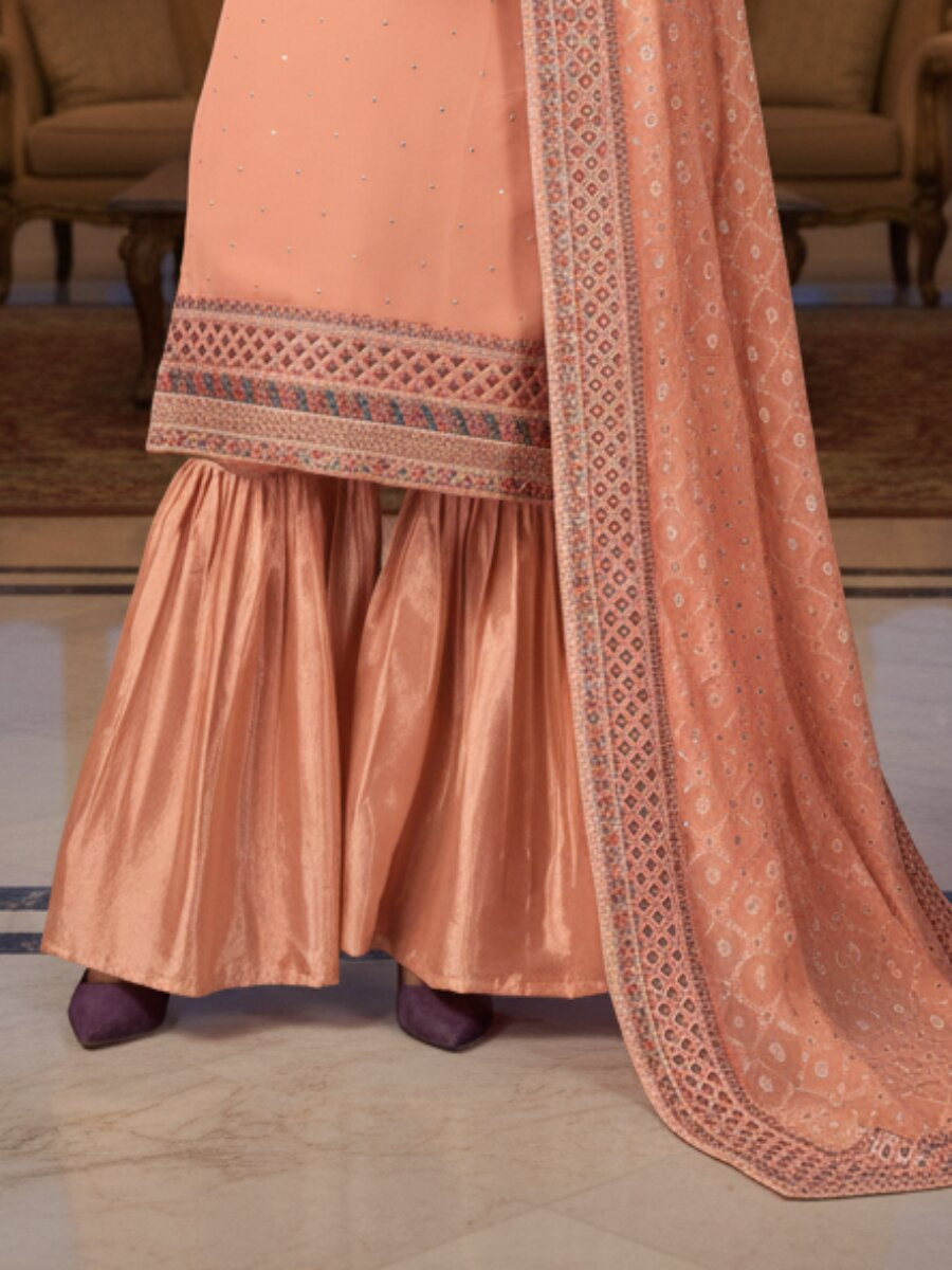 Orange Faux Georgette Embroidery Wedding Party Festival Casual Sharara Pant Salwar Kameez