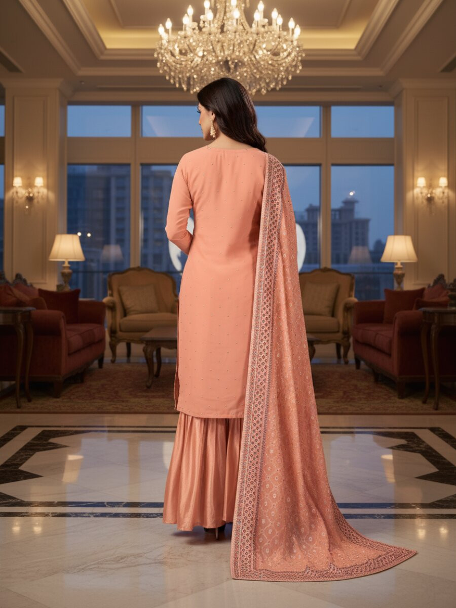 Orange Faux Georgette Embroidery Wedding Party Festival Casual Sharara Pant Salwar Kameez