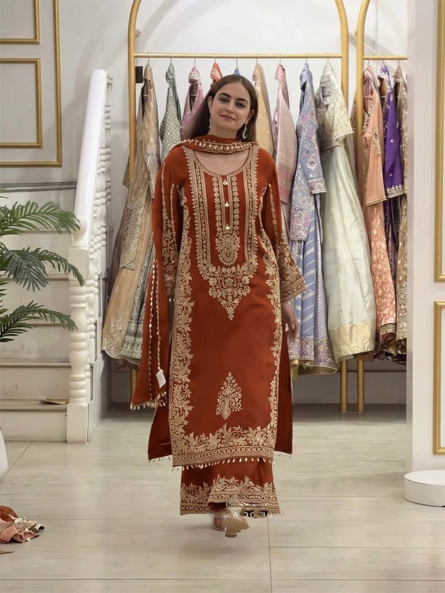 Orange Faux Georgette Embroidery Zari Sequins Beads Hanging Tassels Wedding Party Festival Casual Ready Palazzo Pant Salwar Kameez