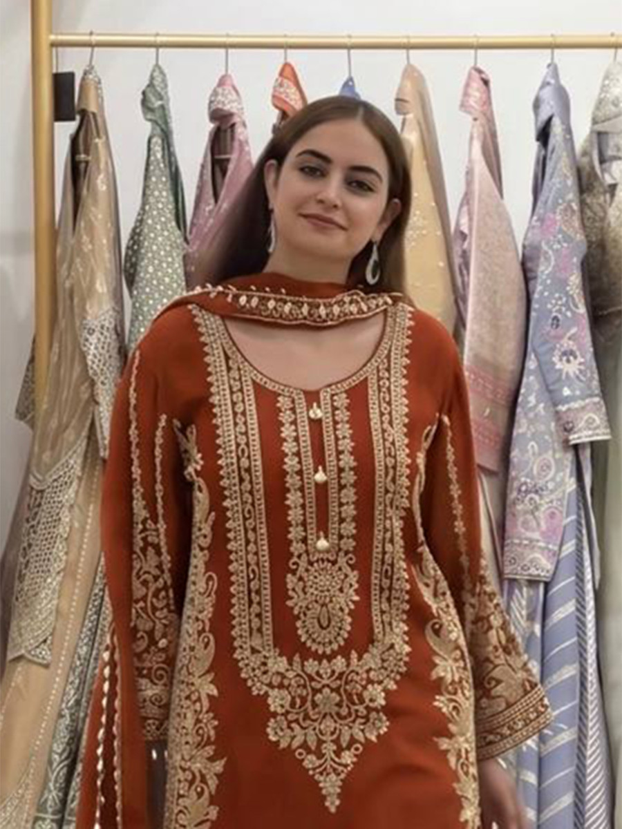 Orange Faux Georgette Embroidery Zari Sequins Beads Hanging Tassels Wedding Party Festival Casual Ready Palazzo Pant Salwar Kameez