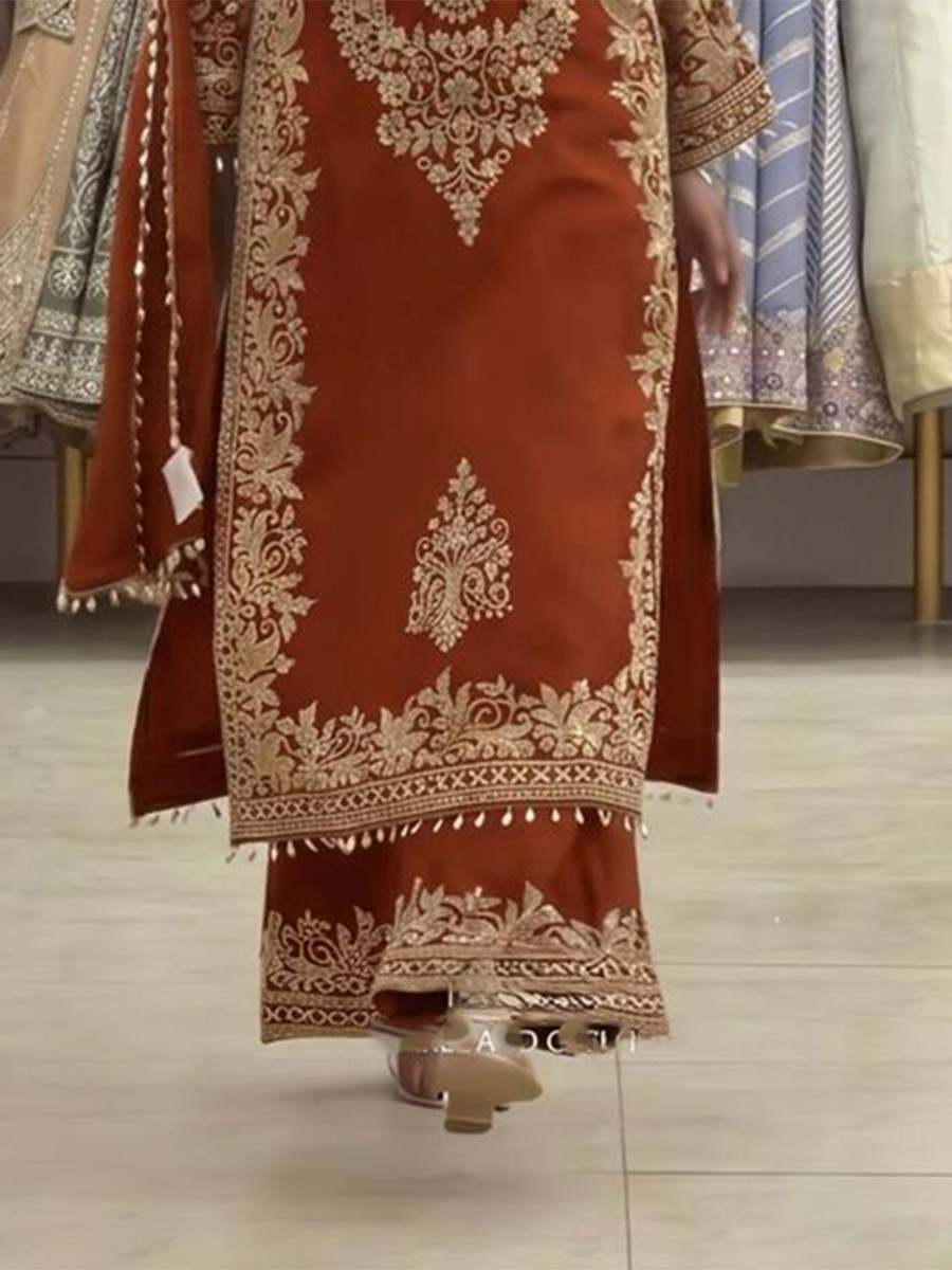 Orange Faux Georgette Embroidery Zari Sequins Beads Hanging Tassels Wedding Party Festival Casual Ready Palazzo Pant Salwar Kameez