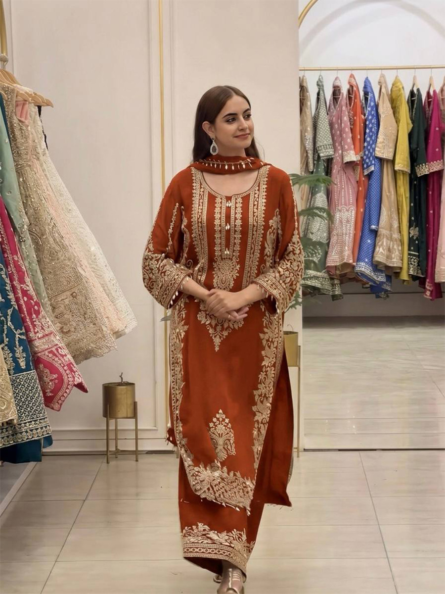 Orange Faux Georgette Embroidery Zari Sequins Beads Hanging Tassels Wedding Party Festival Casual Ready Palazzo Pant Salwar Kameez