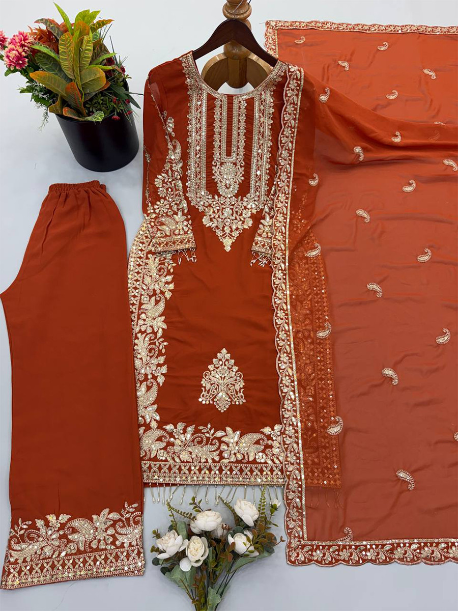 Orange Faux Georgette Embroidery Zari Sequins Beads Hanging Tassels Wedding Party Festival Casual Ready Palazzo Pant Salwar Kameez