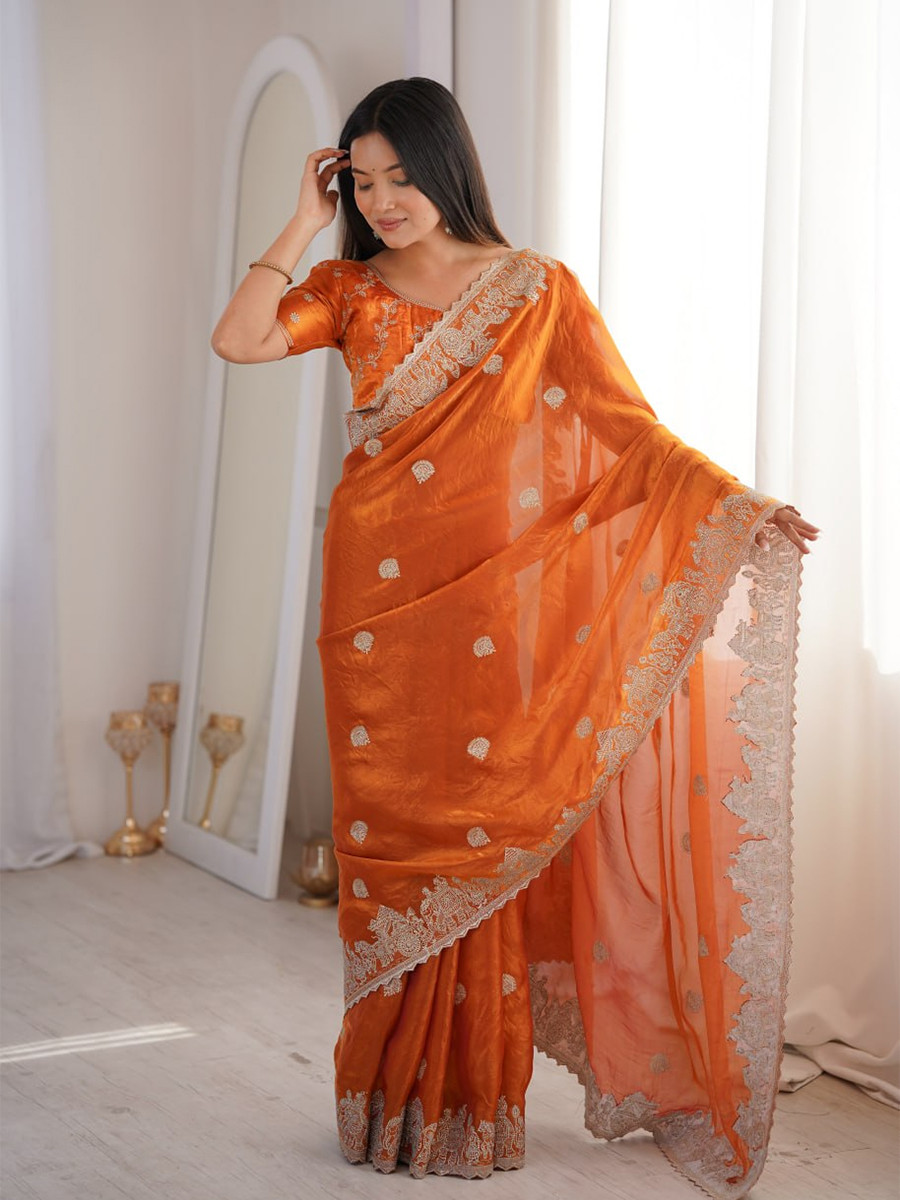 Orange Fendy Crush Silk Embroidery Zari Wedding Festival Party Wear Heavy Border Sarees