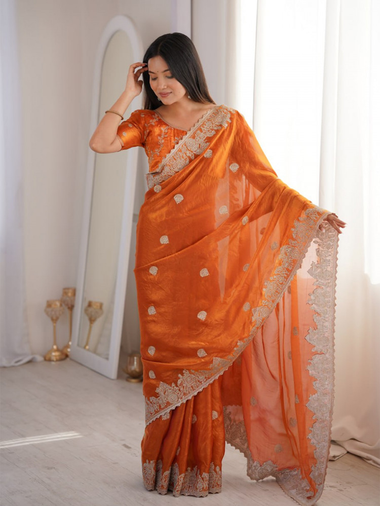 Image of Orange Fendy Crush Silk Embroidery Zari Wedding Festival Party Wear Heavy Border Sarees