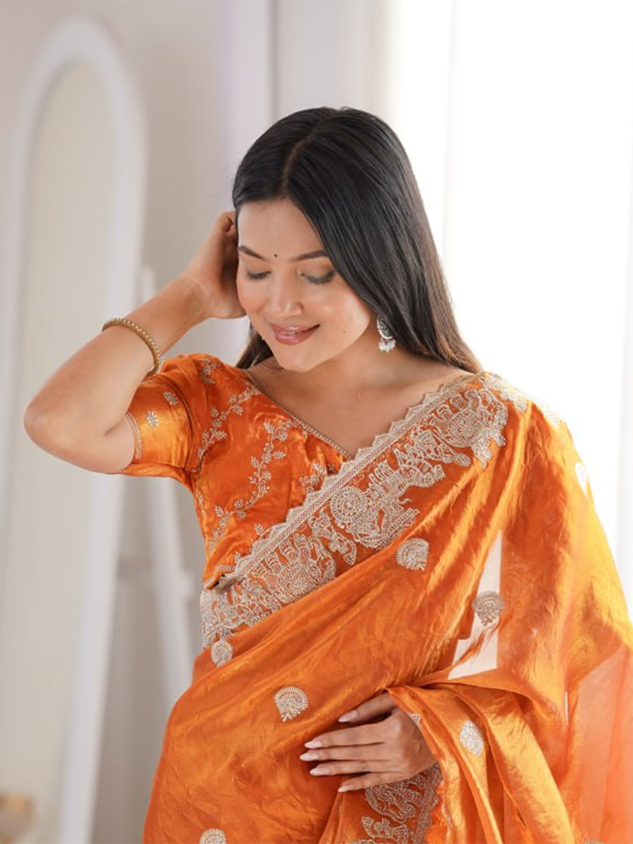 Orange Fendy Crush Silk Embroidery Zari Wedding Festival Party Wear Heavy Border Sarees