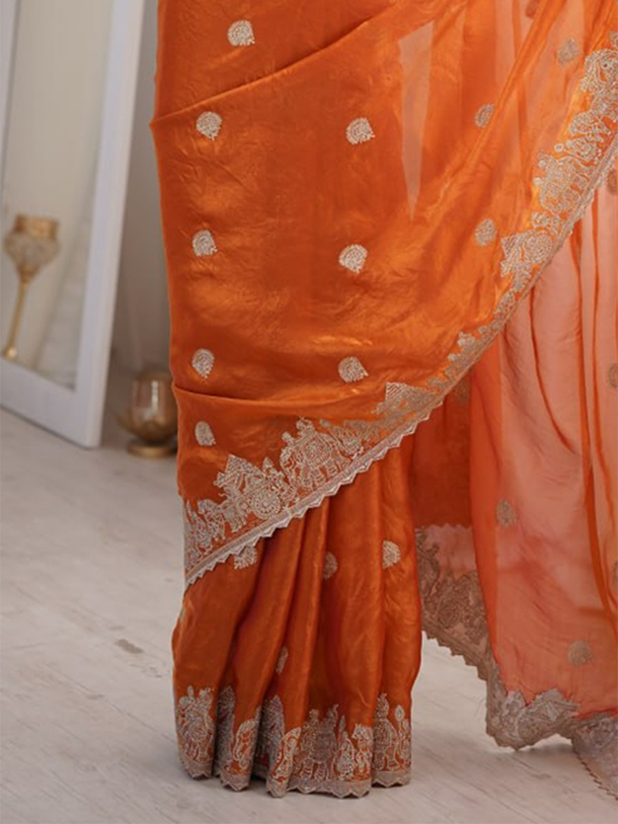 Orange Fendy Crush Silk Embroidery Zari Wedding Festival Party Wear Heavy Border Sarees