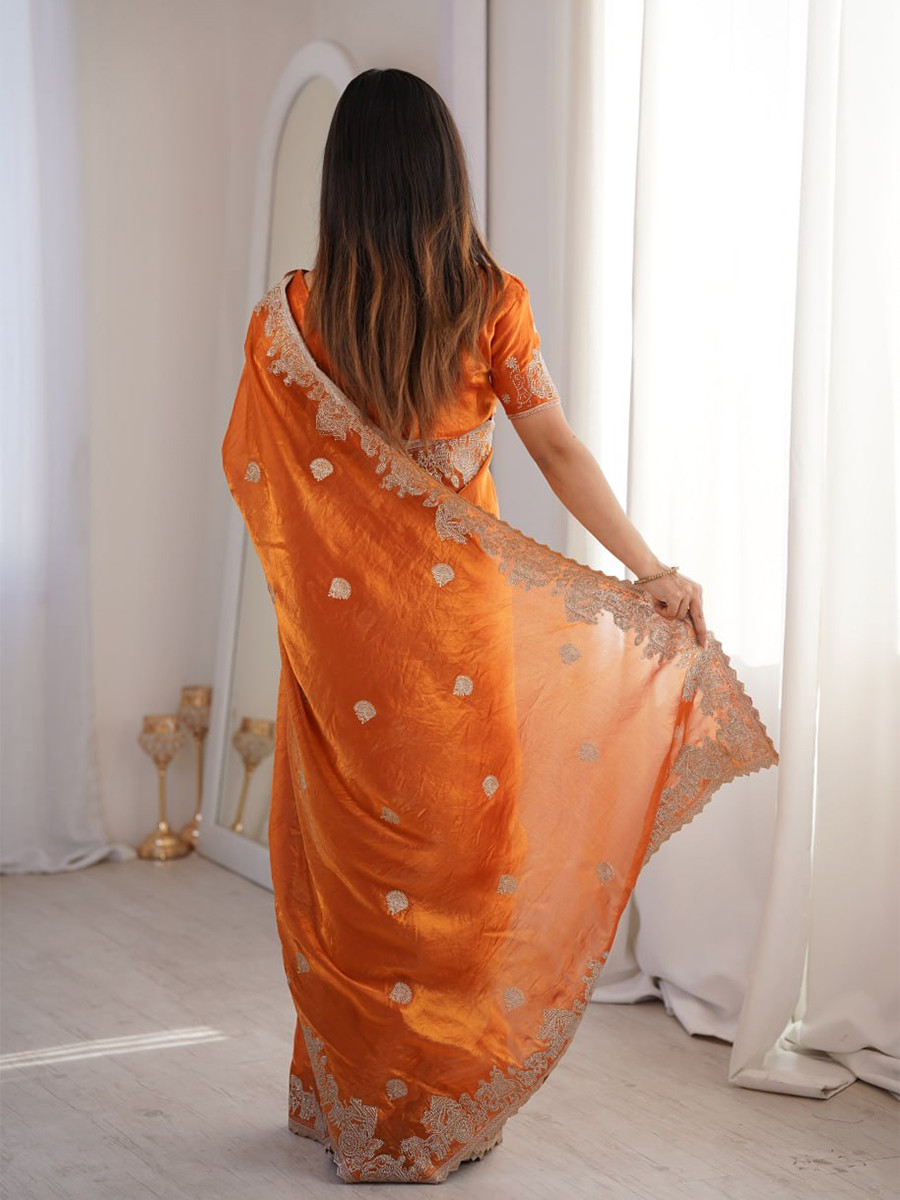 Orange Fendy Crush Silk Embroidery Zari Wedding Festival Party Wear Heavy Border Sarees
