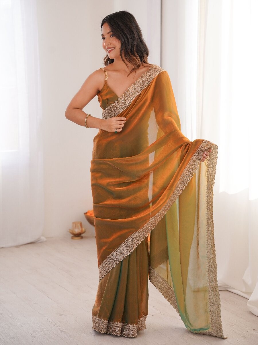 Orange Fendy Satin Embroidery Lace Border Wedding Party Festival Reception Casual Heavy Border Sarees