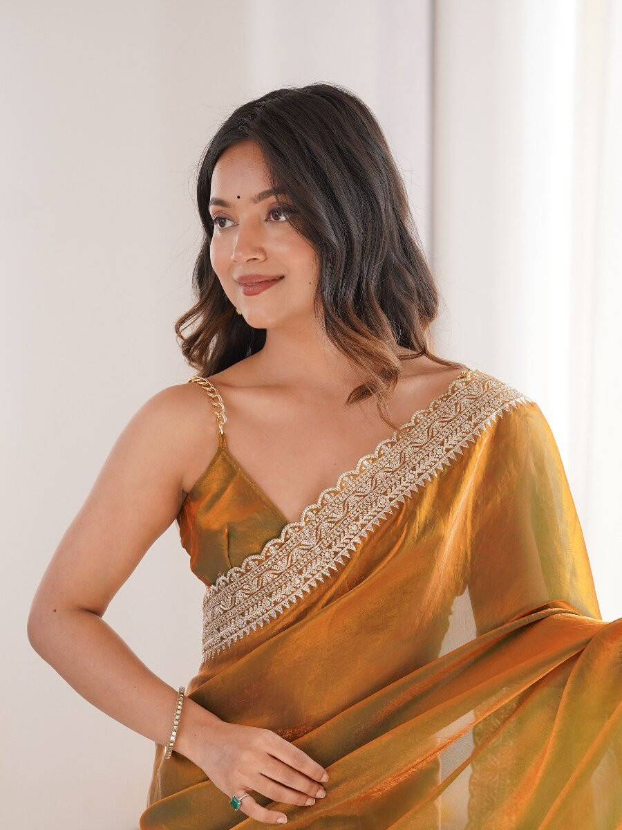 Orange Fendy Satin Embroidery Lace Border Wedding Party Festival Reception Casual Heavy Border Sarees