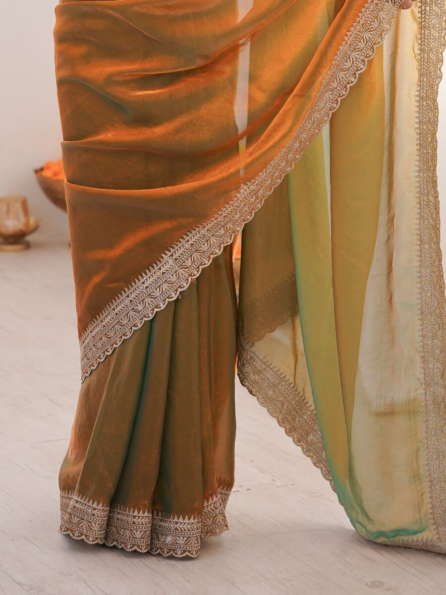 Orange Fendy Satin Embroidery Lace Border Wedding Party Festival Reception Casual Heavy Border Sarees