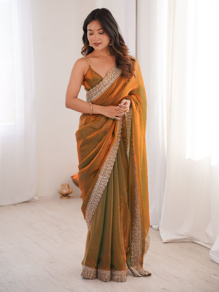Orange Fendy Satin Embroidery Lace Border Wedding Party Festival Reception Casual Heavy Border Sarees