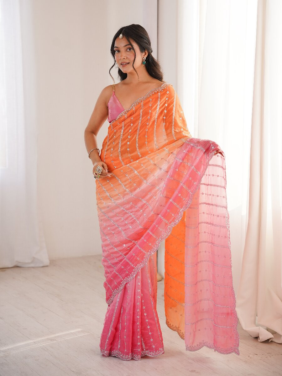 Orange Fendy Satin Embroidery Sequins Wedding Reception Festival Casual Heavy Border Sarees