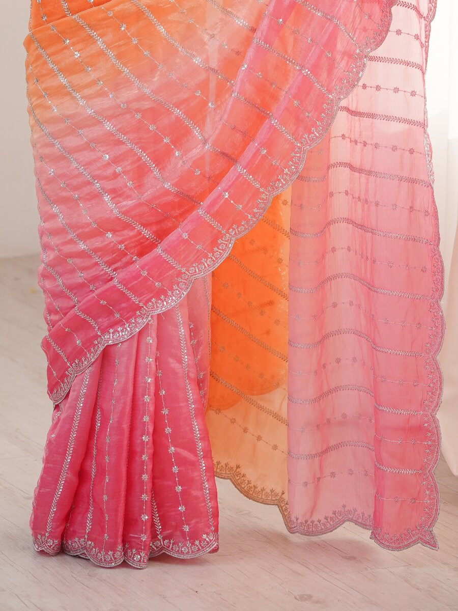 Orange Fendy Satin Embroidery Sequins Wedding Reception Festival Casual Heavy Border Sarees