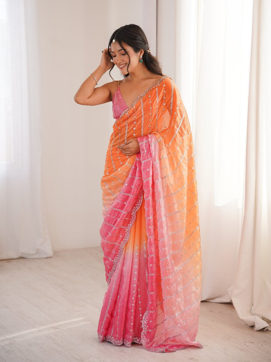 Orange Fendy Satin Embroidery Sequins Wedding Reception Festival Casual Heavy Border Sarees