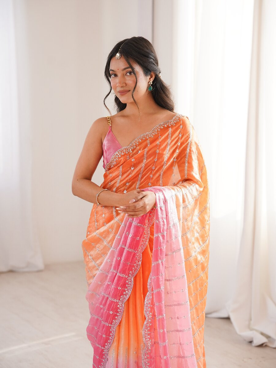Orange Fendy Satin Embroidery Sequins Wedding Reception Festival Casual Heavy Border Sarees