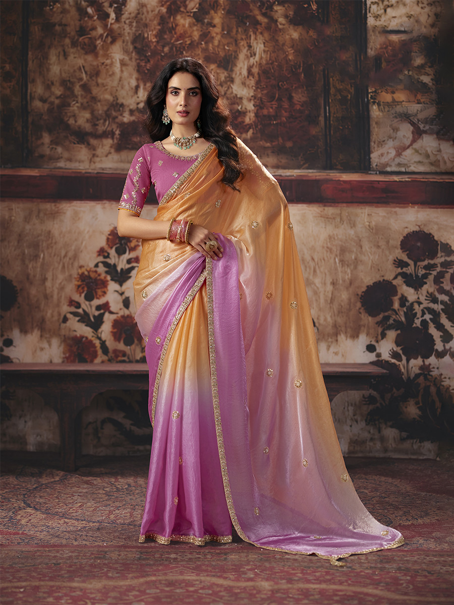 Orange Fendy Satin Embroidery Sequins Zari Wedding Reception Party Festival Casual Heavy Border Sarees