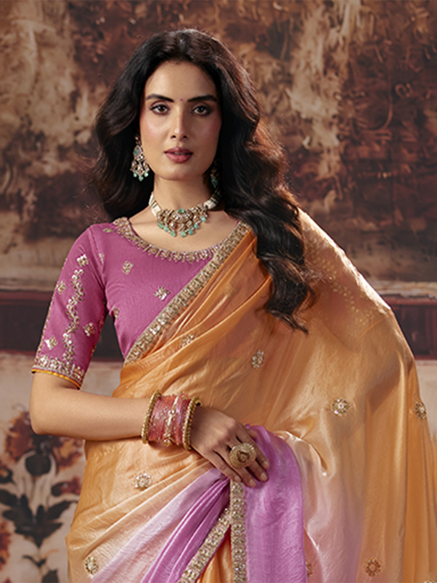 Orange Fendy Satin Embroidery Sequins Zari Wedding Reception Party Festival Casual Heavy Border Sarees