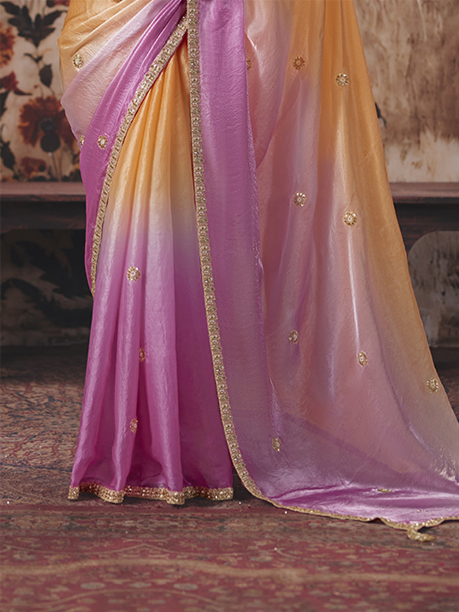 Orange Fendy Satin Embroidery Sequins Zari Wedding Reception Party Festival Casual Heavy Border Sarees