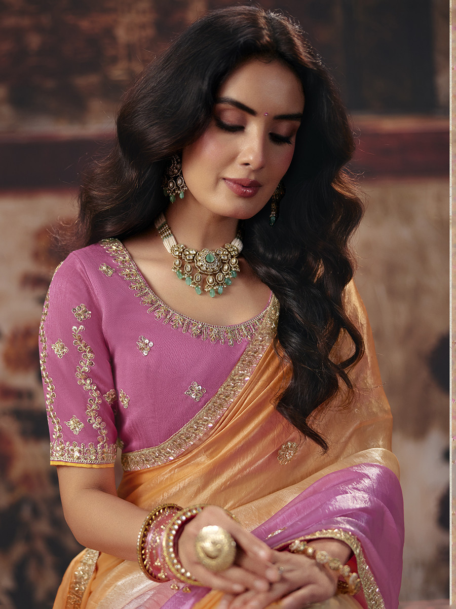 Orange Fendy Satin Embroidery Sequins Zari Wedding Reception Party Festival Casual Heavy Border Sarees