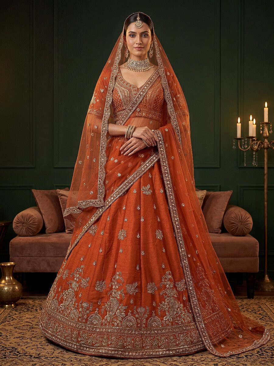Orange Gadhwal Silk Embroidery Sequins Zari Wedding Reception Party Bridal Heavy Border Lehenga Choli
